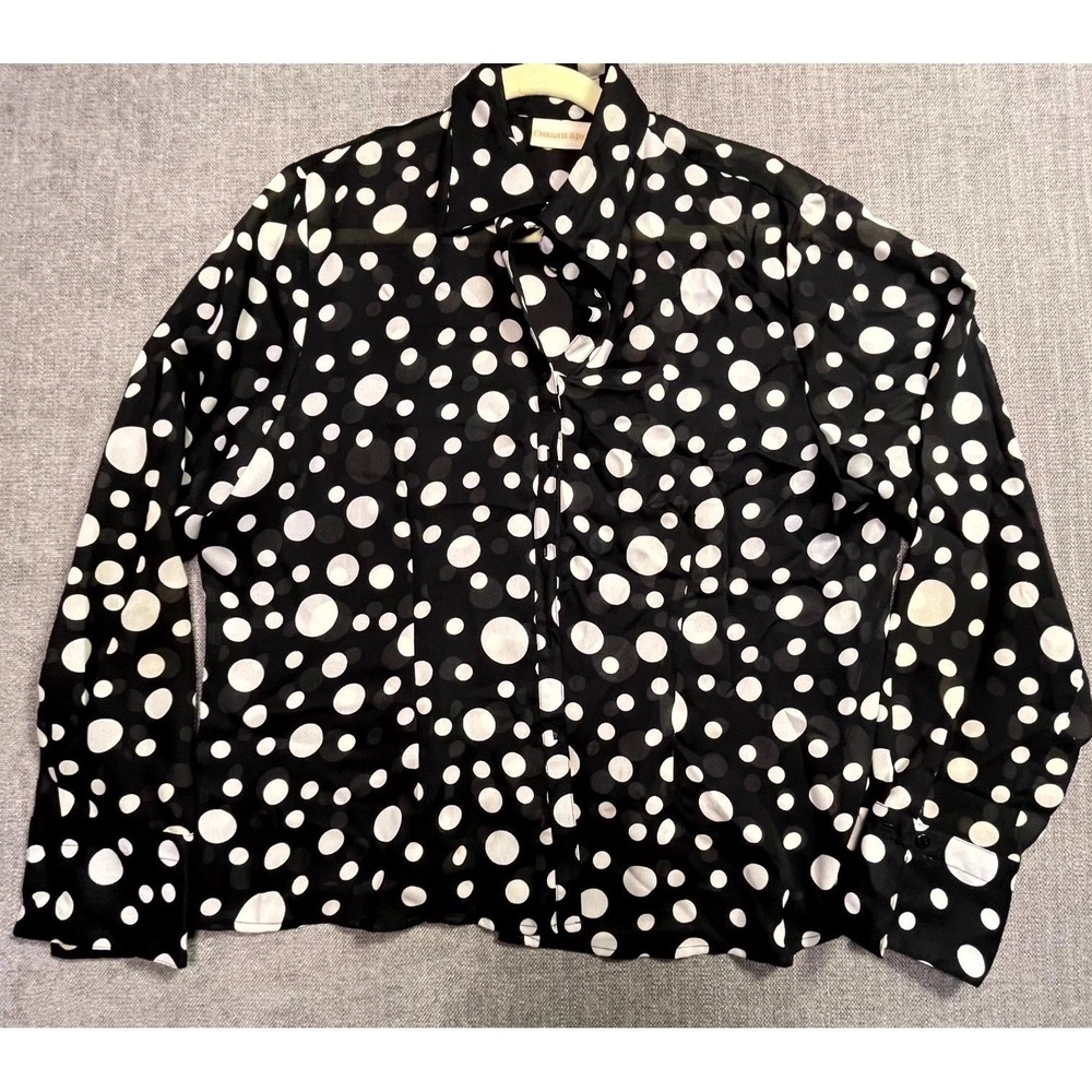 Christie & Jill Blouse Womens 16 Black Polka Dot Sheer Long Sleeve Button Front